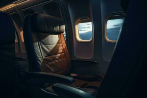 vacío avión cuero asiento y ventanas de primero clase aeronave, esclarecedor el cabina con suave gastos generales luces. generativo ai foto
