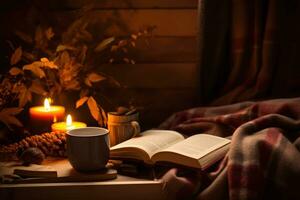 A cozy autumn setup with a blanket, hot drink, and open book, leaving space for inspirational quotes or product promotion. Generative Ai photo