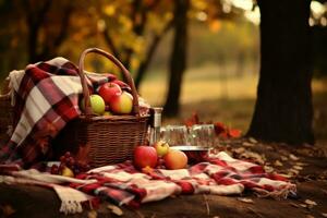 Autumn picnic scene with a checkered blanket, picnic basket, and fall fruits, leaving space for promotional or inspirational text. Generative Ai photo