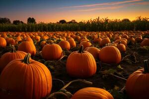 A pumpkin patch scene with pumpkins arranged neatly. Generative AI photo