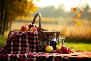 Autumn picnic scene with a checkered blanket, picnic basket, and fall fruits, leaving space for promotional or inspirational text. Generative Ai photo