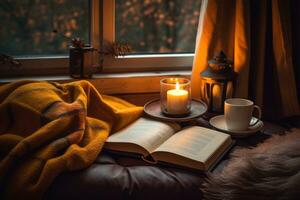 A cozy autumn setup with a blanket, hot drink, and open book, leaving space for inspirational quotes or product promotion. Generative Ai photo