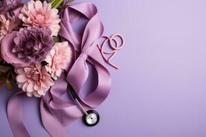 Top view arrangement with flowers, ribbon and stethoscope. Generative AI photo