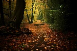 A serene forest path covered with autumn leaves, creating a tranquil atmosphere and offering space for text or slogans. Generative Ai photo