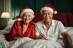 Happy glamour senior couple wearing santa hats in bed. Generative Ai photo