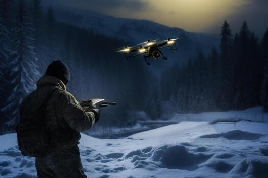 Military personnel operating drones for reconnaissance and surveillance in snowy terrain. Generative AI photo