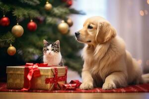 A charming image featuring pets interacting with Christmas gifts under the tree, portraying the inclusion of furry family members in the holiday festivities. Generative AI photo