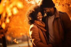 afro americano Pareja en amar, disfrutando un romántico soleado otoño día. generativo ai foto