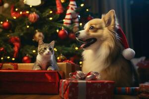 A charming image featuring pets interacting with Christmas gifts under the tree, portraying the inclusion of furry family members in the holiday festivities. Generative AI photo