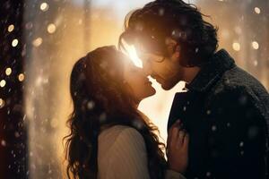 A close-up shot of a loving couple sharing a passionate kiss against a backdrop of falling snowflakes. Generative Ai photo