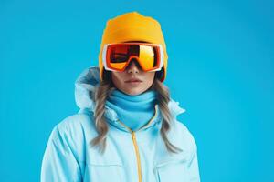 Woman dressed in ski suit posing in studio. Generative Ai photo