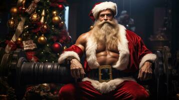 Santa Claus bodybuilder near a Christmas Tree. Generative Ai photo