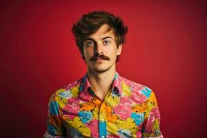 Young man 18-20 years old, with color shirt and mustache posing in studio. Generative AI photo