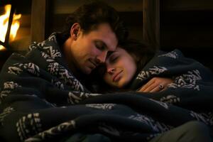 A couple snuggled up by a warm, crackling fire, wrapped in blankets and enjoying the autumn evening. Generative AI photo
