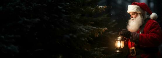 Iconic Santa Claus figure with lantern enjoying , capturing the timeless and heartwarming holiday spirit. Concept Holiday Banner. Generative AI photo