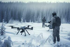 Military personnel operating drones for reconnaissance and surveillance in snowy terrain. Generative AI photo