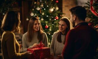 un familia intercambiando hermosamente envuelto regalos en frente de un festivamente decorado Navidad árbol, capturar el esencia de compartiendo y celebracion. generativo ai foto