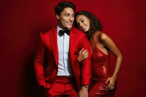 The couple in glamorous New Year's Eve attire, ready to celebrate the arrival of the new year in style on the solid red background. Generative AI photo