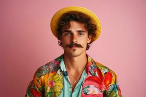 Young man 18-20 years old, with color shirt and mustache posing in studio. Generative AI photo