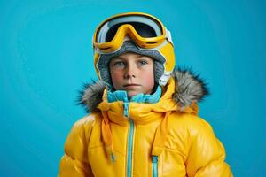 Boy dressed in ski suit posing in studio. Generative Ai photo