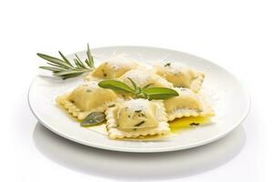 Ravioli drizzled with sage-infused butter, capturing the essence of Italian cuisine isolated on white background. Generative AI photo