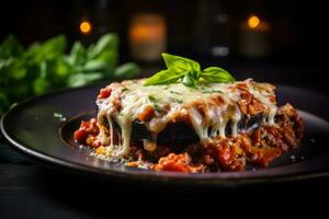 A golden and crispy slice of eggplant parmigiana served on a plate, showcasing its deliciously cheesy topping. Generative AI photo