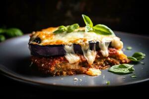 A golden and crispy slice of eggplant parmigiana served on a plate, showcasing its deliciously cheesy topping. Generative AI photo