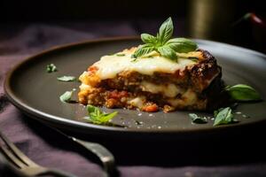 A golden and crispy slice of eggplant parmigiana served on a plate, showcasing its deliciously cheesy topping. Generative AI photo
