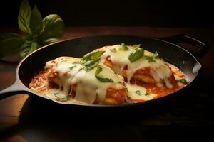 A perfectly cooked and breaded chicken cutlet smothered in tomato sauce and melted cheese, highlighting the classic Italian dish. Generative AI photo