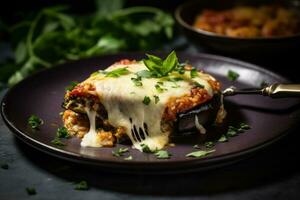A golden and crispy slice of eggplant parmigiana served on a plate, showcasing its deliciously cheesy topping. Generative AI photo