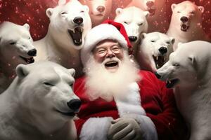 A playful image of Santa Claus surrounded by polar bear mascots, celebrating the union of two beloved holiday icons. Generative Ai photo