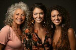 mujer de diferente siglos actitud en el estudio a celebrar su cuerpos. cuerpo positivo concepto. generativo ai foto