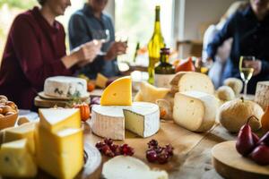A group of people participating in a cheese tasting event, savoring various local cheese varieties. Generative AI photo