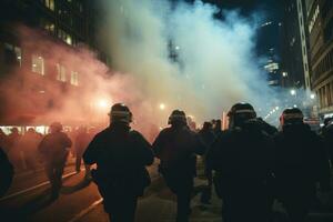 Police dispersing tear gas amid a crowd of protesters, showcasing the chaos and emotional turmoil. Generative Ai photo