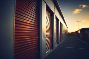 Exterior view of a self storage units row. Individual storage unit metal roll up doors. Generative Ai photo