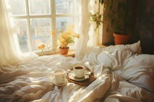 Mañana café en el cama en soleado dormitorio. generativo ai foto