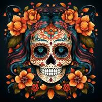 An artistic Illustration of Dia de los Muertos, a Mexican holiday celebrating and honoring deceased loved ones. Generative Ai photo