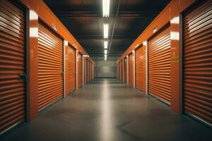 Interior view of a self storage units. Individual storage unit metal roll up doors. Generative Ai photo