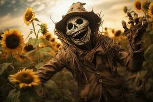 A spooky scarecrow in a sunflower field, with a ghost smile and outstretched arms, exuding a sense of horror charm. Generative Ai photo