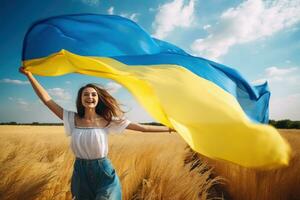 Young happy girl running carefree with open arms over wheat field and holding Ukrainian flag. Generative AI photo