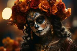 A close-up shot of a beautifully painted face wearing traditional Dia de los Muertos makeup, showcasing the intricate designs and vibrant colors that symbolize the holiday's spirit. Generative Ai photo