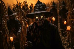 A spooky cornfield maze with menacing scarecrow figures and flickering lanterns, challenging visitors to navigate through the darkness. Generative Ai photo