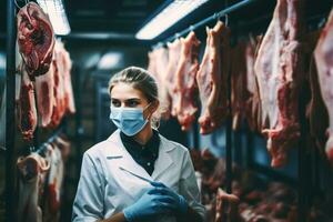 Female butcher with mask, inspecting cold storage for meat . Generative Ai photo