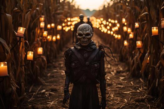 A spooky cornfield maze with menacing scarecrow figures and flickering lanterns, challenging visitors to navigate through the darkness. Generative Ai photo