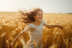 Young happy girl running and jumping carefree with open arms over wheat field. Generative Ai photo