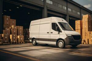A delivery van parked in front of a logistics warehouse, ready to distribute packages to customers, representing the last. Generative Ai photo