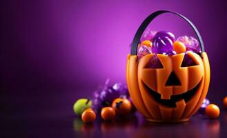 Vivid Halloween pumpkin basket with candies on isolated violet background. Concept Halloween Banner with copy paste. Generative Ai photo