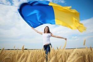 Young happy girl running carefree with open arms over wheat field and holding Ukrainian flag. Generative AI photo