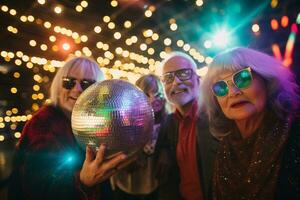 A group of elder friends posing in front of a giant disco ball, reflecting colorful lights and creating an unforgettable scene. Generative Ai photo