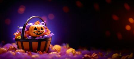 Vivid Halloween pumpkin basket with candies on isolated violet background. Concept Halloween Banner with copy paste. Generative Ai photo